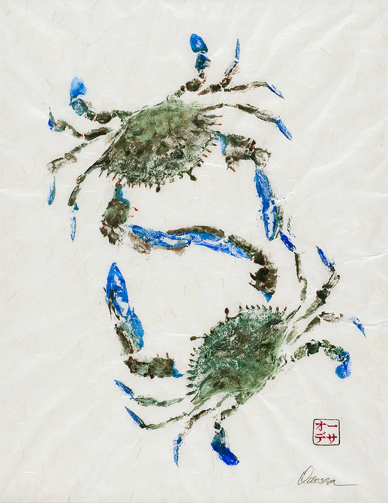2 blue crab Gyotaku on rice paper