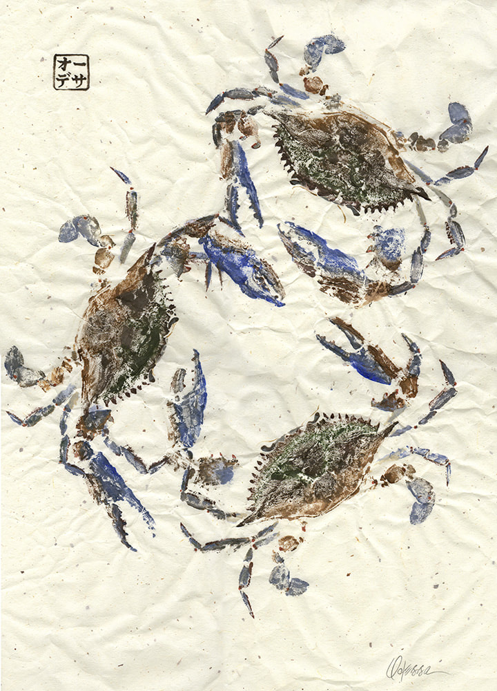 3 blue crab Gyotaku on speckled mulberry paper