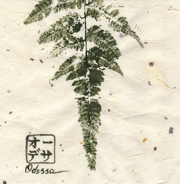 fern plant Gyotaku rubbing on speckled mulberry paper