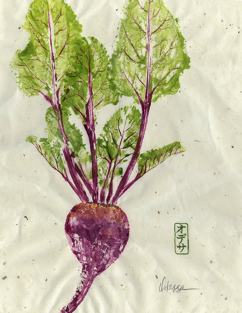 Beets vegetable Gyotaku rubbing on speckled mulberry paper