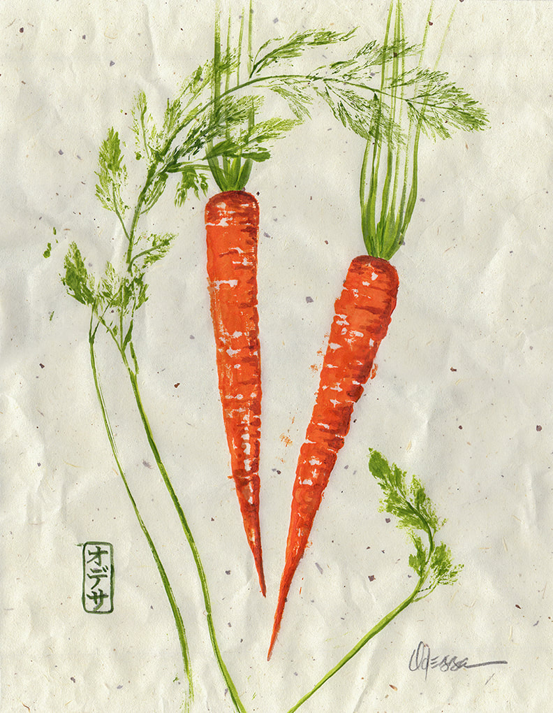 Carrots rubbing Gyotaku on speckled mulberry paper
