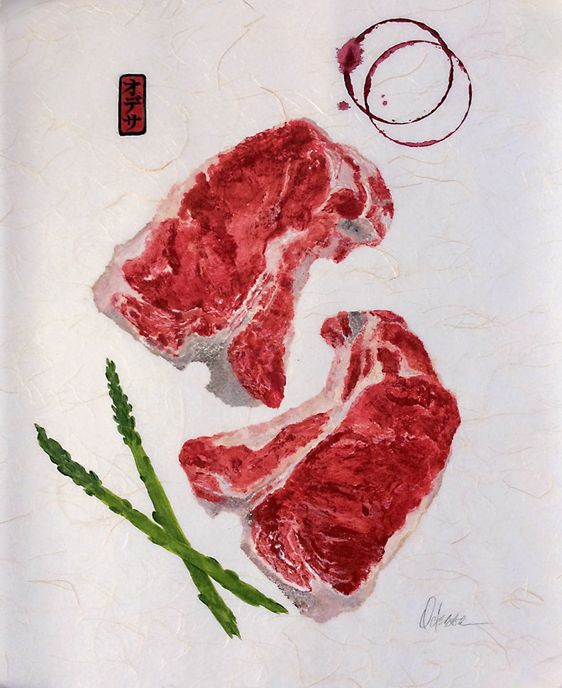 Steak dinner with asparagus and wine stain rings Gyotaku rubbing on Shoji paper