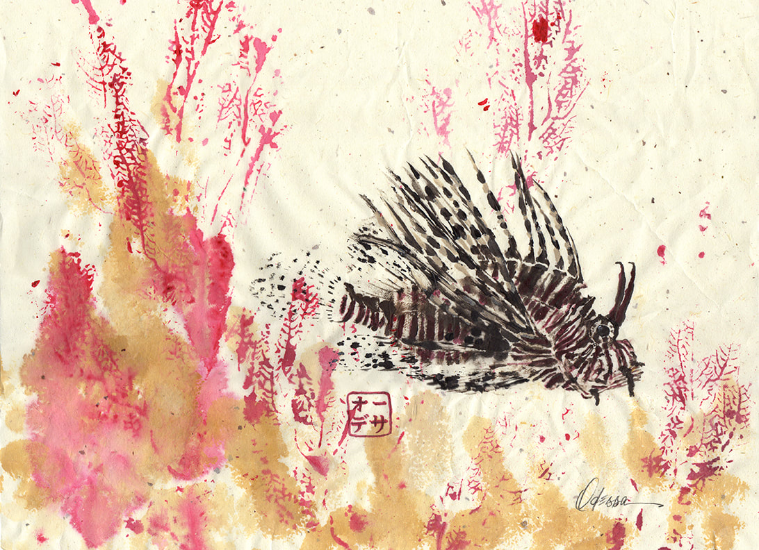 Lionfish and coral Gyotaku on speckled mulberry paper