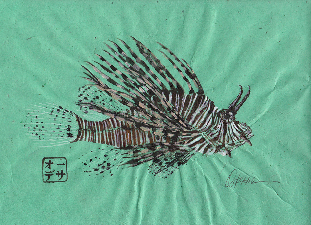 Lionfish Gyotaku on green mulberry paper