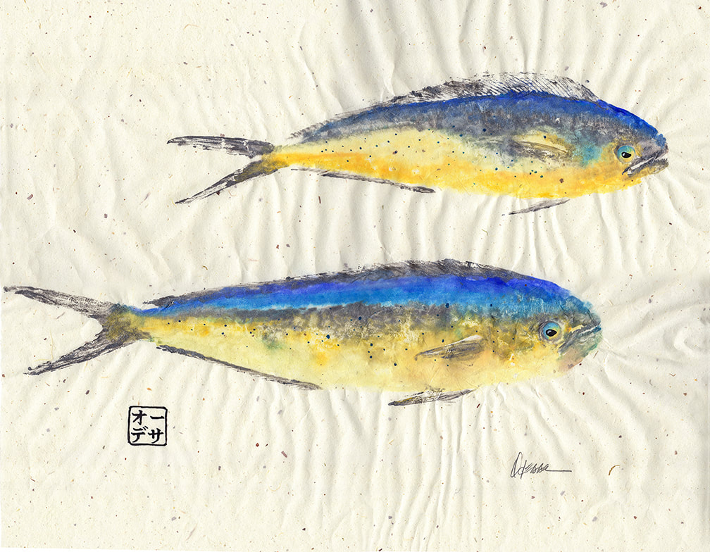 2 Mahi Mahi Gyotaku on speckled mulberry paper