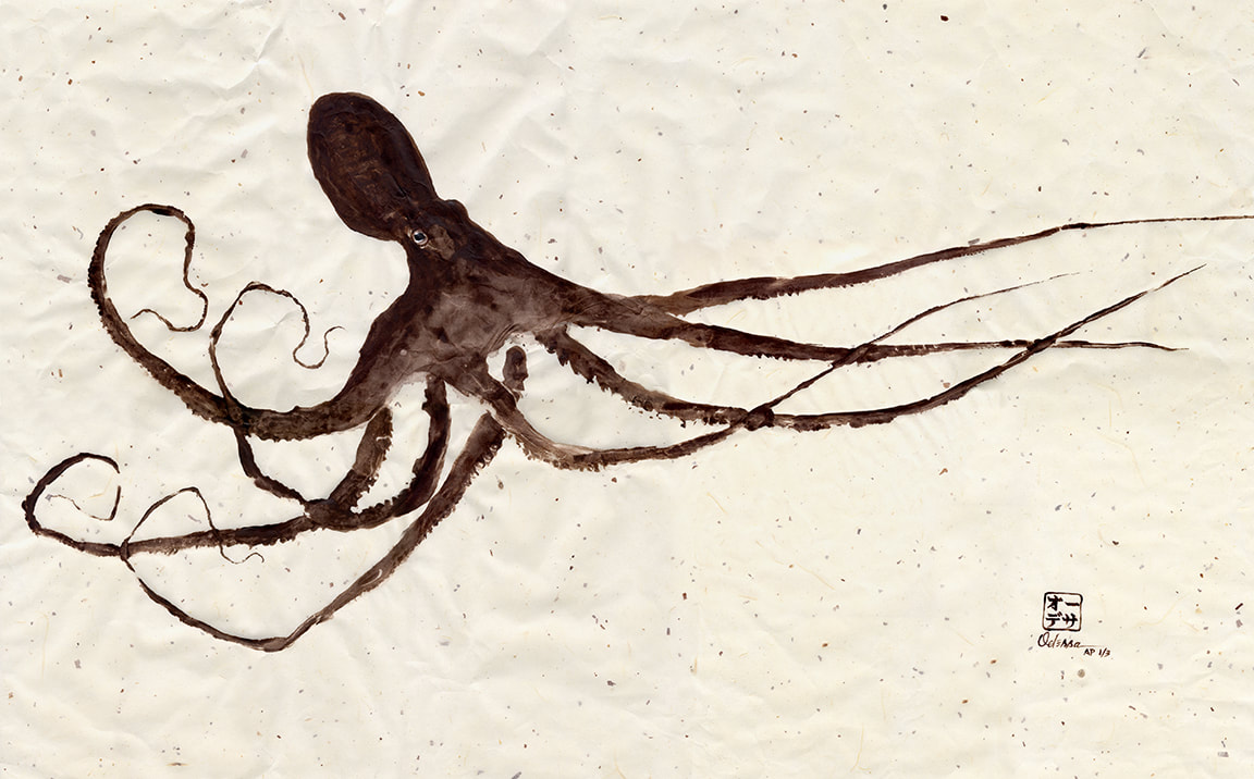 brown octopus Gyotaku on speckled mulberry paper
