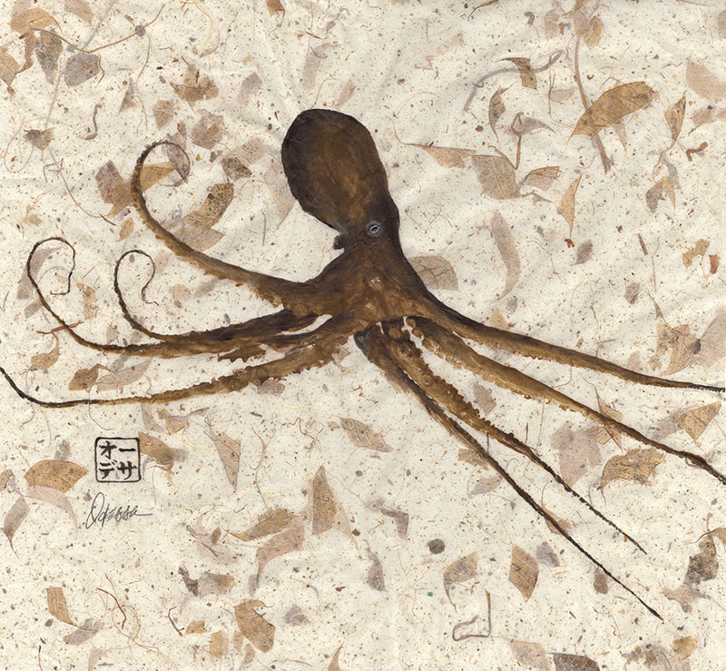 Brown octopus Gyotaku on mango paper.