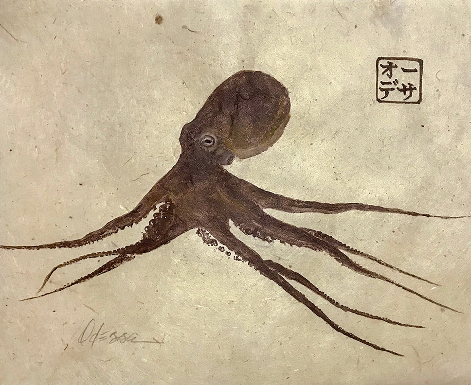 brown octopus Gyotaku on natural mulberry paper