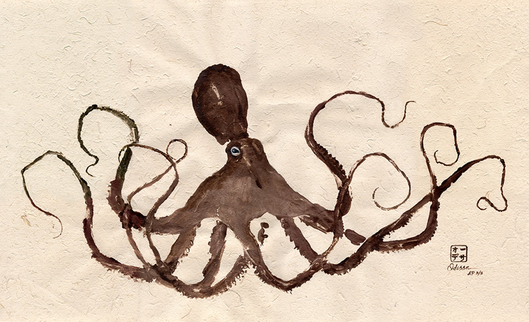 brown octopus Gyotaku on elephant dung paper