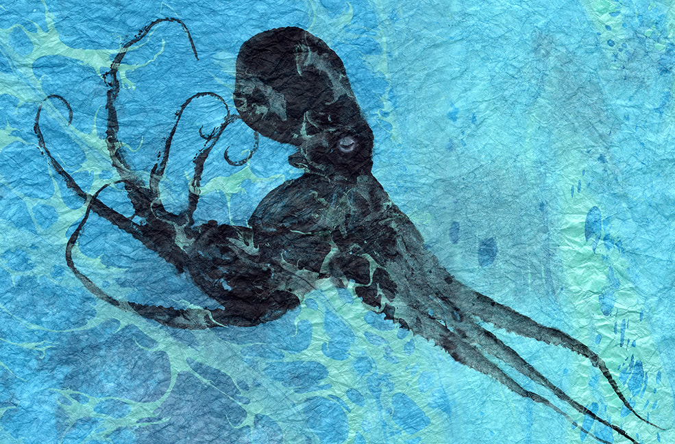 Black octopus on blue marbled paper