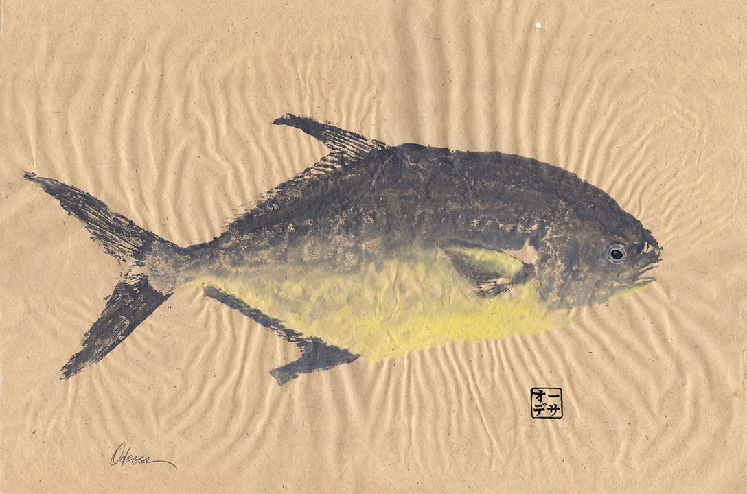 Pompano fish Gyotaku on natural mulberry paper