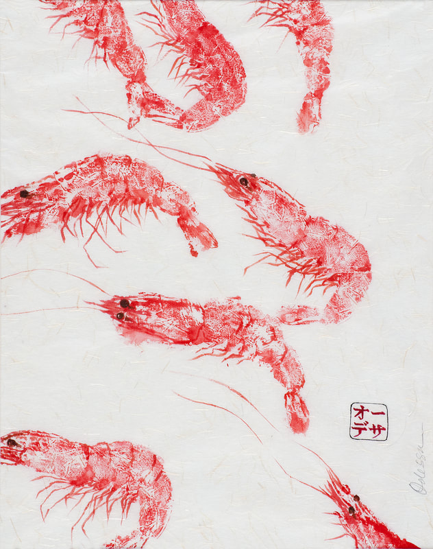 shrimp school Gyotaku on rice paper