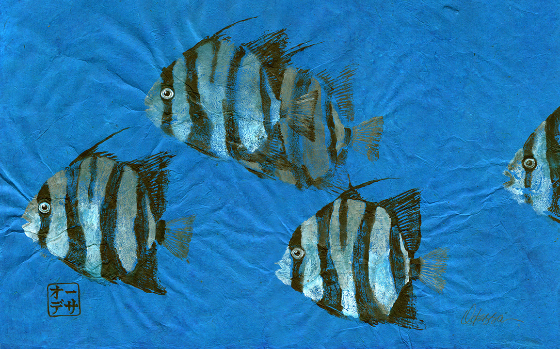 Spadefish striped fish Gyotaku on blue mulberry paper